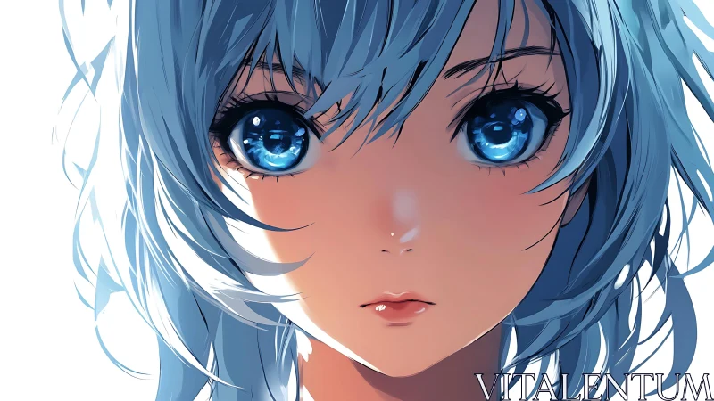 Blue haired anime girl portrait with frontal close-up view.