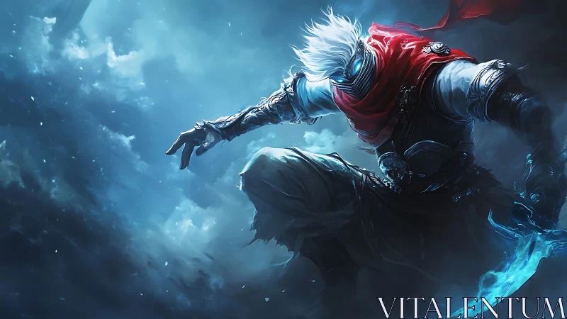 Masked ice assassin lunges through stormy blue misted skies