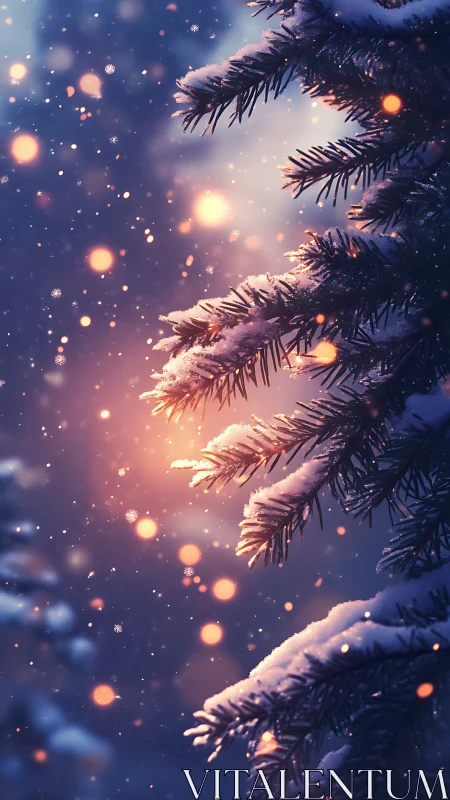 Snow-laden fir branches catch warm winter twilight glow.