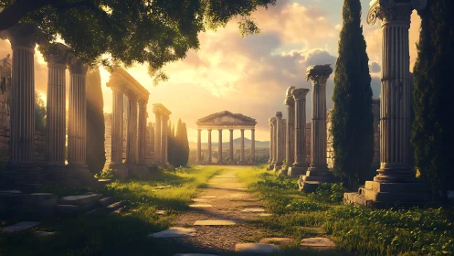 Sunlit ancient columns guiding a peaceful temple walk.