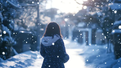 Solitary figure walks through softly falling winter snow.