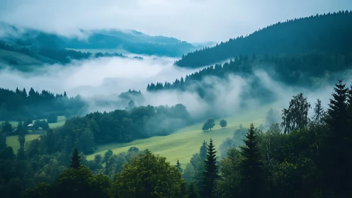 Misty Mountain Valley Nestled in Peaceful Serenity.