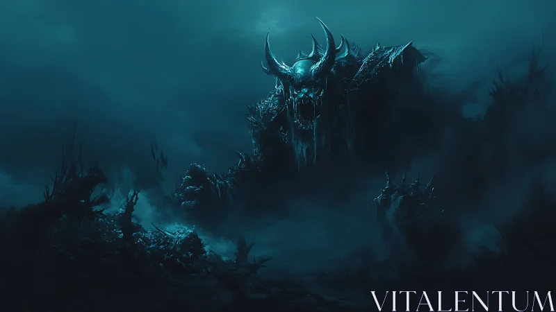 Monolithic horned wraith emerging in abyssal fogscape.