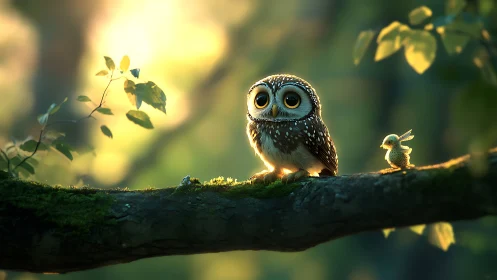 Whimsical Owl and Bird on Mossy Branch, Soft Dreamy Forest Light.