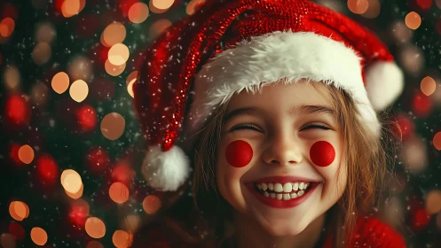 Joyful child in Santa hat amid glowing bokeh lights.