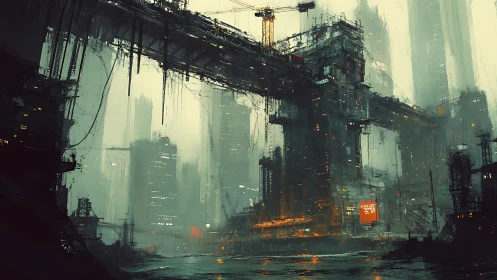 Cyberpunk megastructure with elevated industrial transit grid.