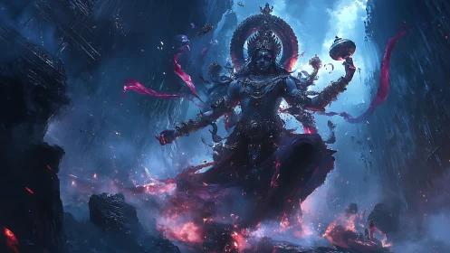 Mythic multi-armed deity amid blue fire and ruins.