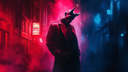 Demonic figure in neon alleyway under red blue haze.
