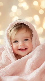 Joyful toddler wrapped in soft pink fabric smiles brightly.