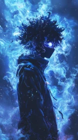 Mysterious blue‑flame wanderer wrapped in cosmic glow.