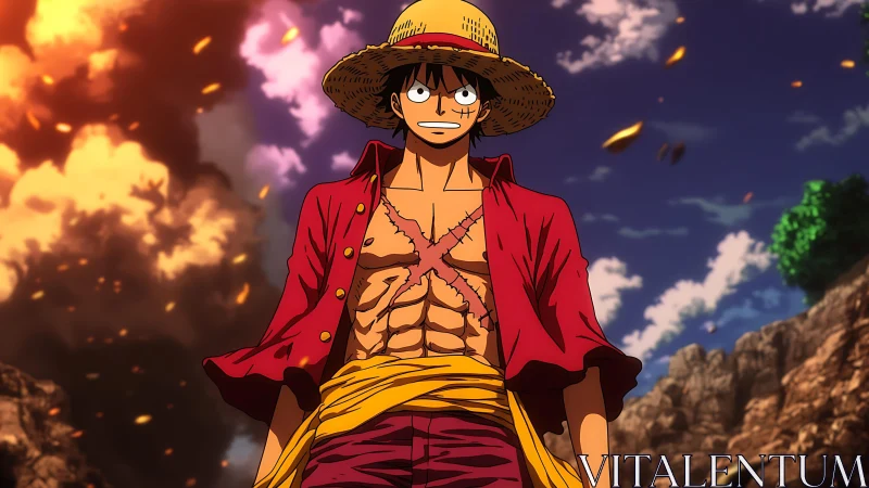 Straw-hatted anime hero amid explosive sunset sky.