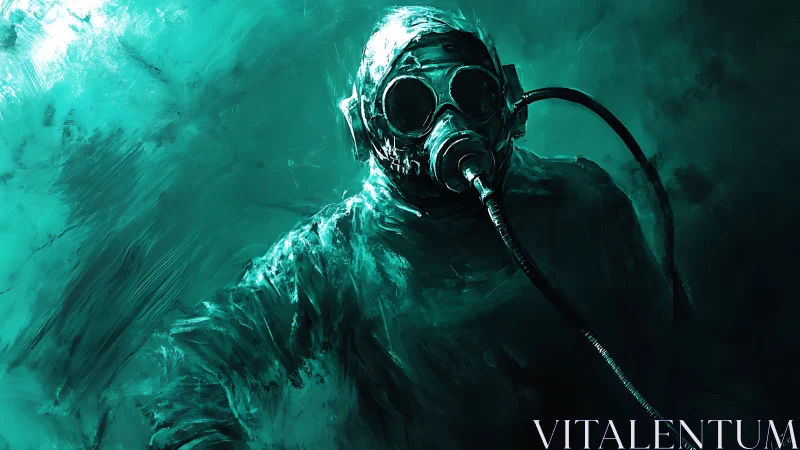 Solitary figure in respirator gear occupies a teal mist field