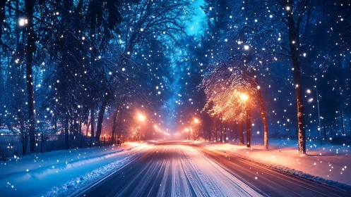 Snowfall illuminates a winter road with vivid bokeh lighting
