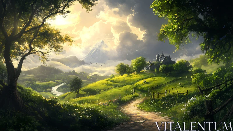 Sunlit valley path curves toward distant hilltop castle.