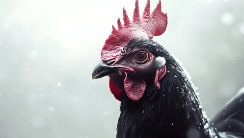 Black rooster with crimson comb in winter snow.