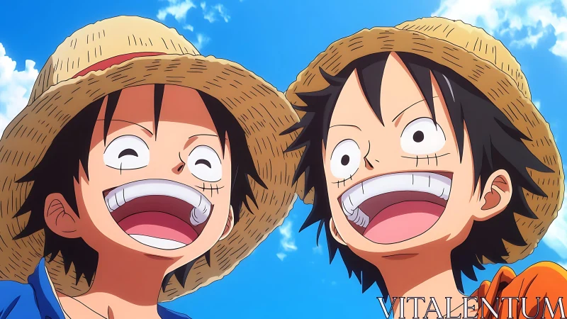 Smiling anime boys in straw hats under clear sky.