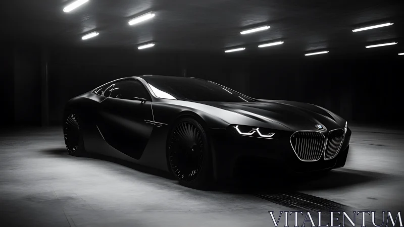 Sleek black BMW concept coupe in moody underground garage.