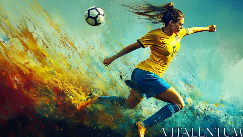 Dynamic soccer hero leaping through bold painted color.