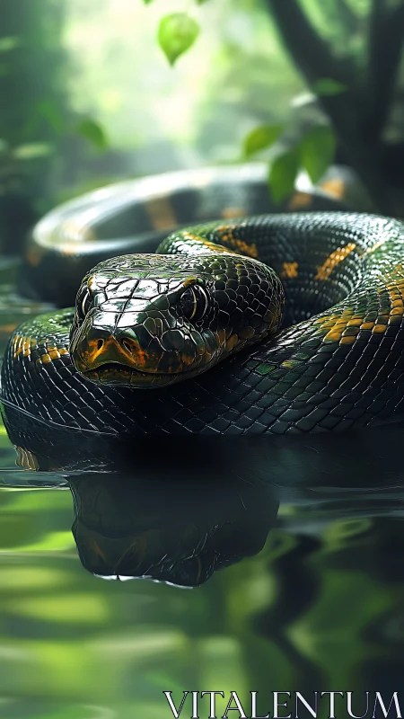 Photorealistic emerald anaconda coiled above jungle water.