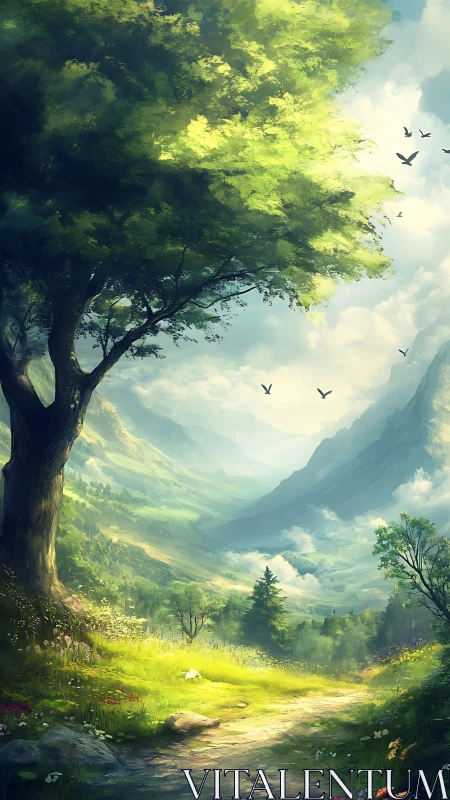 Luminescent Giants: Where Ancient Boughs Cradle Cloudbound Dreams.