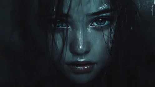 Stormlit gaze of a sorrowful girl in cinematic close-up.