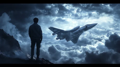 Solitary observer watches fighter jet pierce storm clouds.