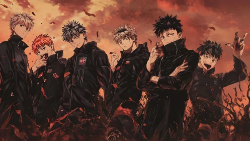 Six dark-uniformed anime fighters in crimson storm backdrop