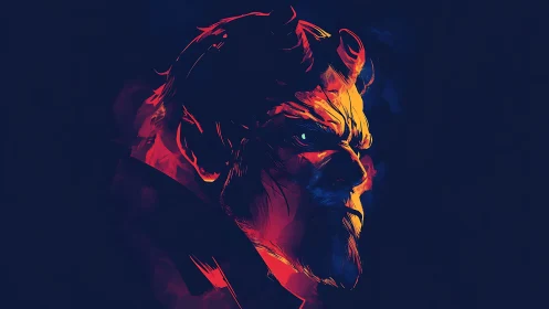 High-contrast demonic profile portrait in neon rim lighting