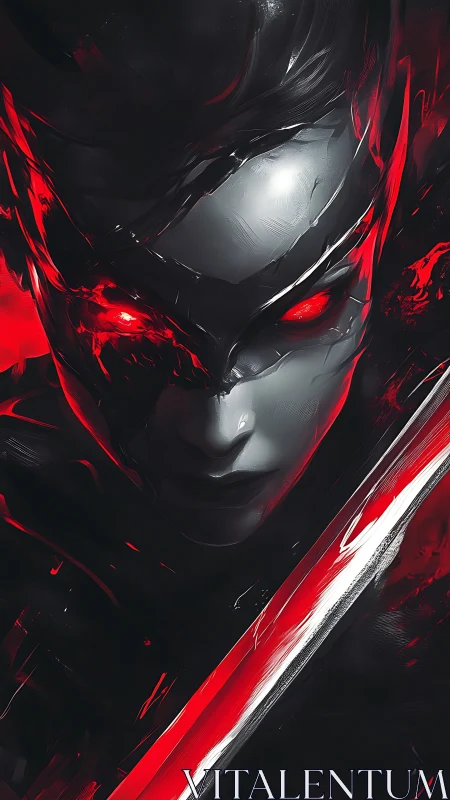 Monochrome humanoid face with red glowing eyes and blade.