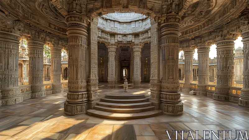 Stone temple interior with carved columns and central altar.