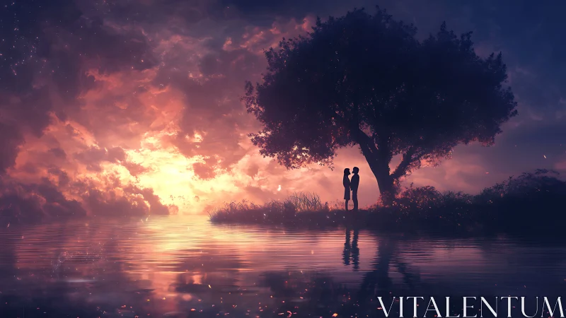 Silhouetted Couple Beneath Towering Oak Under Dramatized Sunset Sky