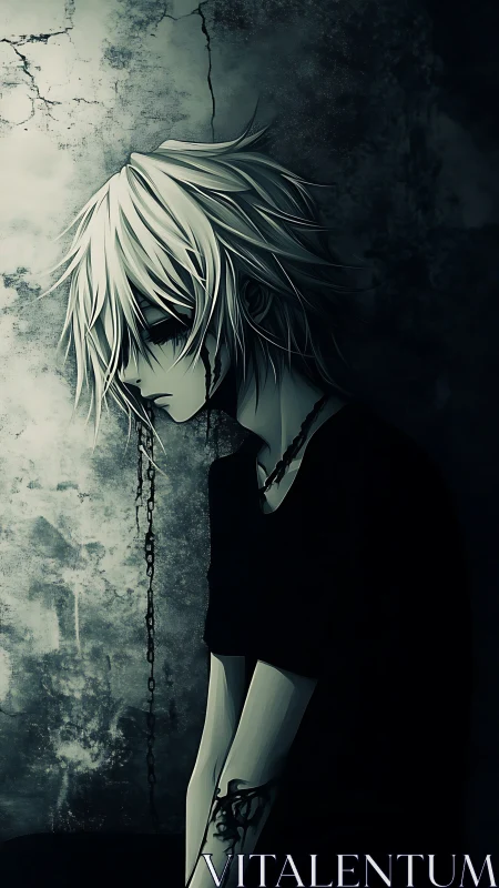 Solitary silver haired boy in chained shadowed corner.