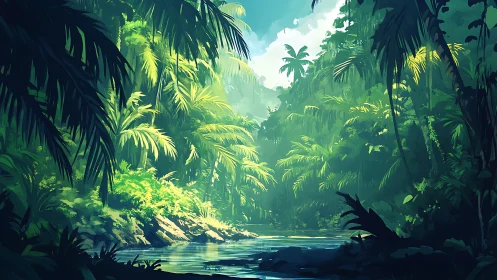 Luminescent Jungle Watercourse: Digital Landscape Rendering.