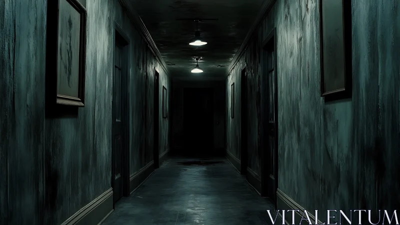 Abandoned corridor absorbs dim light and deepening shadows.