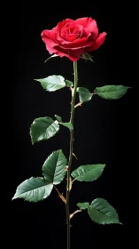 Single Red Rose with Green Foliage Against Black Background