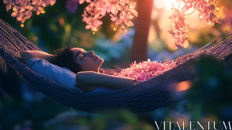 Woman lying in hammock under flowering tree at sunset.