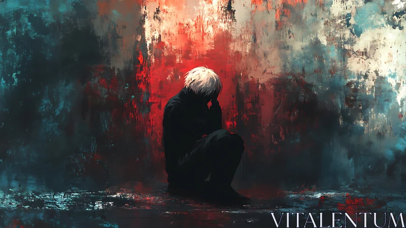 Solitary figure in abstract red cyan emotional digital painting.