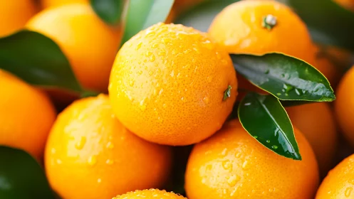Glowing oranges with dewy leaves under soft natural light.