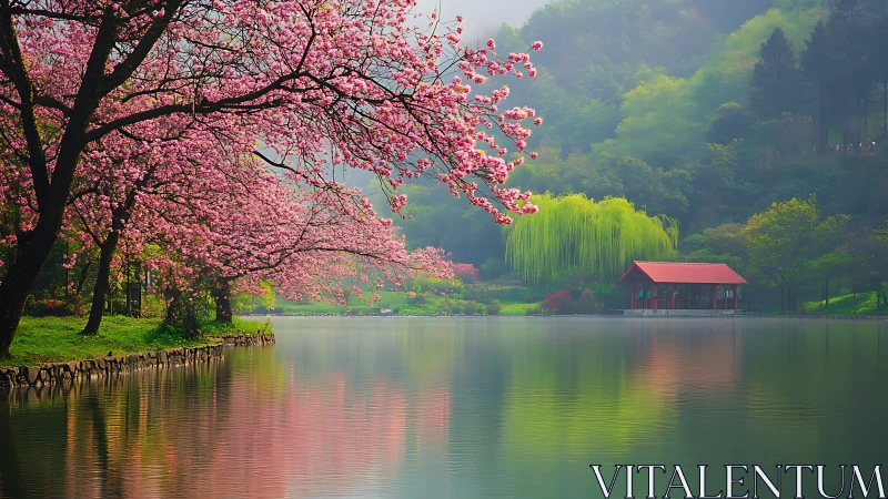 Photorealistic lakeside sakura vista with reflected color fields.