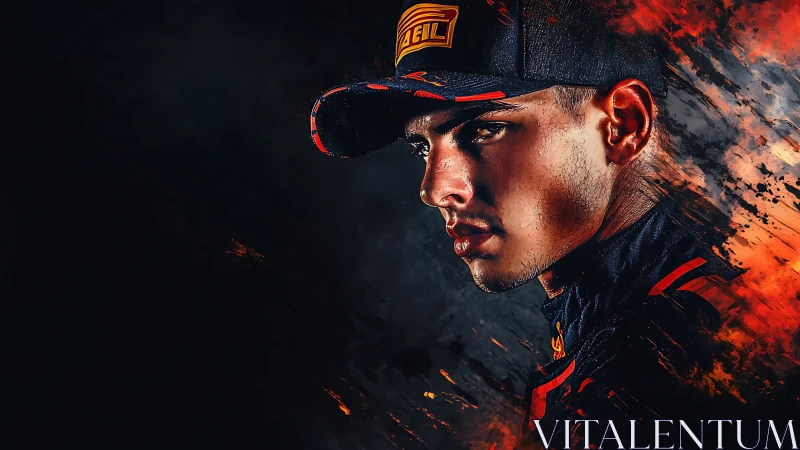 High-contrast racing portrait with dynamic flame textures.