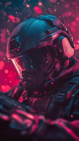 Neon stormlight wraps the armored space trooper in quiet focus