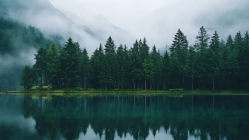 Misty mountain lake with conifer forest reflection.