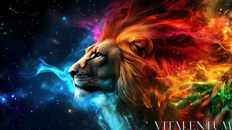 Cosmic lion gazes boldly through swirling rainbow stardust