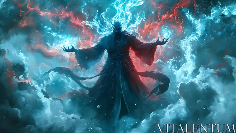 Dark robed sorcerer amid red and blue arcane storm.