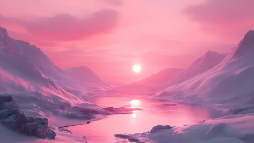 Glacial valley lake at pink atmospheric sunset illumination