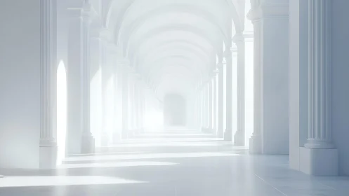 Luminous neoclassical corridor dissolving into soft haze.