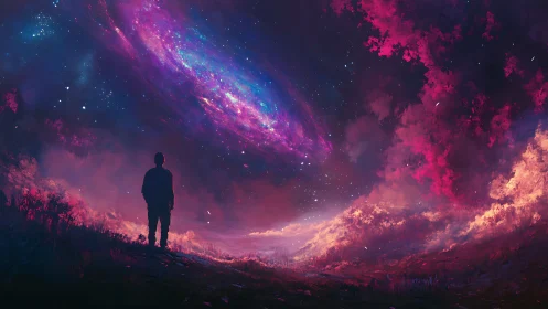 Silhouette under vivid cosmic sky over glowing horizon.