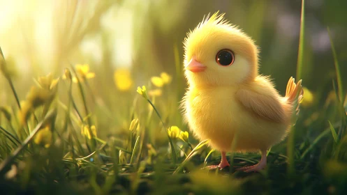 Fluffy Yellow Chick in Spring Meadow.
