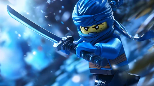 Blue Lego ninja minifigure posed with drawn katana sword.
