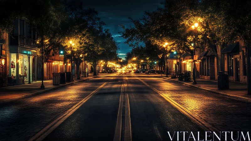 Photorealistic nocturne of empty cobblestone main street perspective.